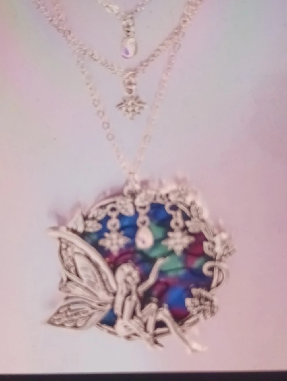 Layered Fairy Pendant Necklace in Silver & Blue